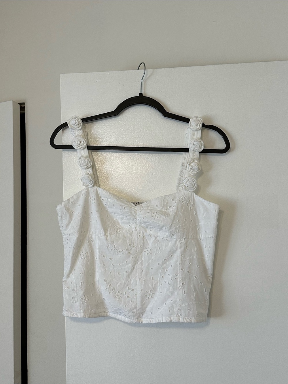 White Eyelet Cropped Tank with Rose-Embellished Straps